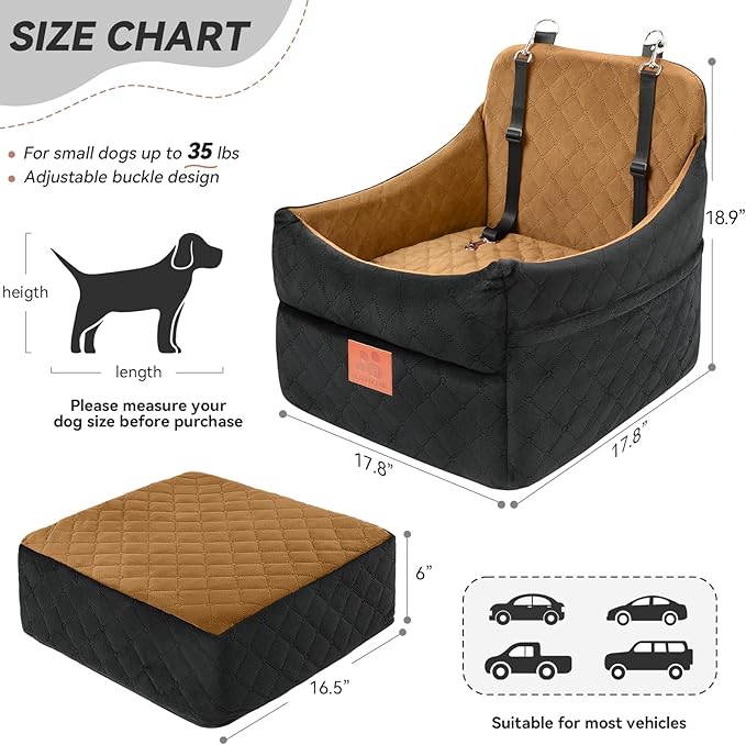 Dog Car Seat for Small/Medium Dogs, Dog Booster Car Seats with Thick Cushion for Dogs Under 35lbs, Detachable Washable Pet Car Seat with Storage Pockets, 2 Safety Belts(Black/Coffee)-PawvioPets