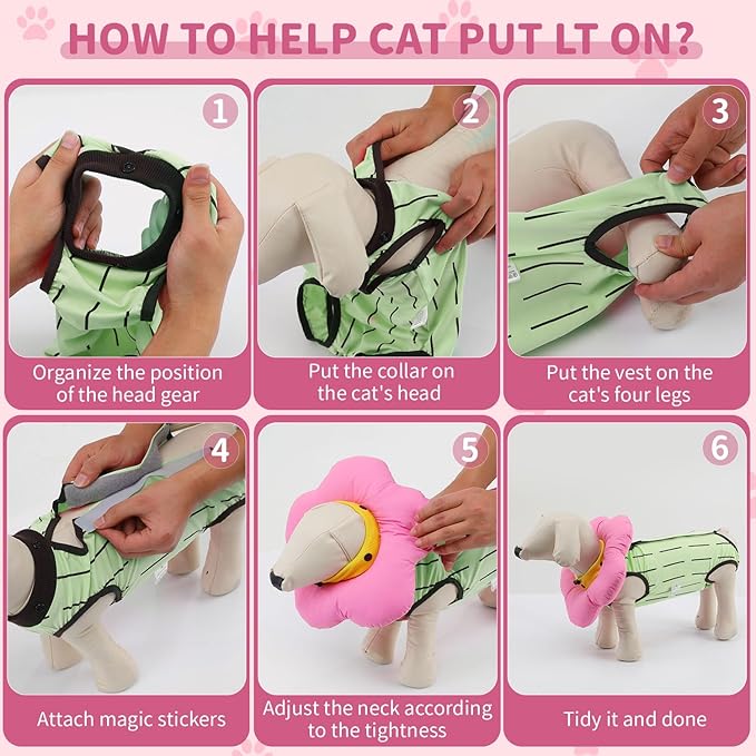 EMUST 2PCS Cat Recovery Suit and Cone Collar - Breathable Spay Suit, Adjustable Soft E Collar Alternative for Cats After Surgery - Green, L (8-16lb)-PawvioPets