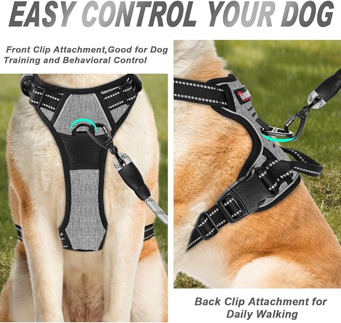 BARKBAY No Pull Dog Harness Front Clip Heavy Duty Reflective Easy Control Handle for Large Dog Walking(Dark Grey,L)-PawvioPets