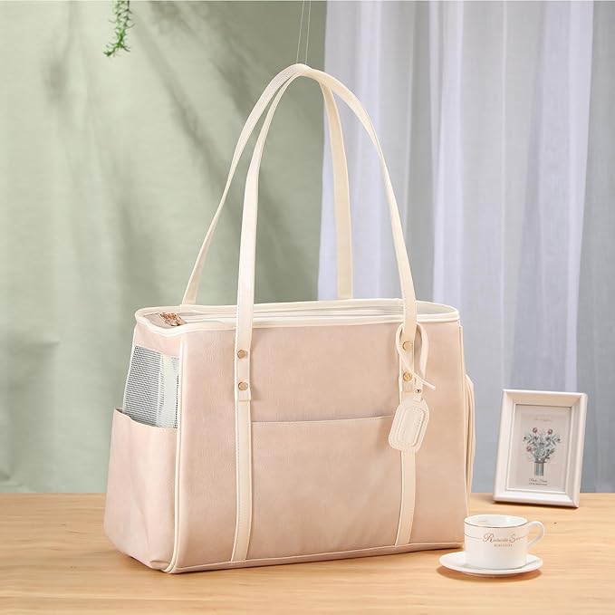 Fashion Dog Carrier Purse, Premium Leather Cat Carrier Bag, Airline Approved Soft Sided Pet Travel Tote Bag with Pockets Beige-PawvioPets