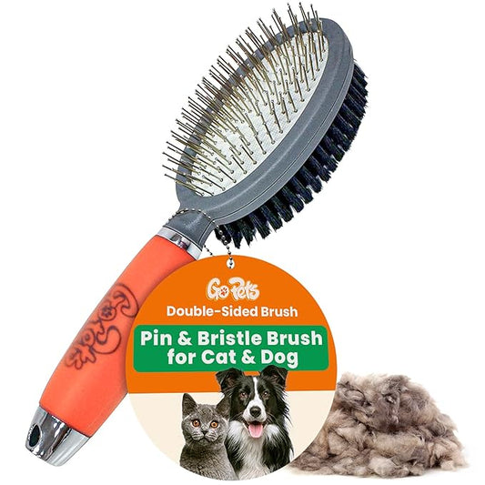 GoPets Double-Sided Pin & Bristle Brush, Dog & Cat Grooming Brush for Detangling, Shedding Control, Fur & Dirt Removal, Smooth & Efficient Pet Grooming for Healthy Coat, Comfortable Ergonomic Handle-PawvioPets