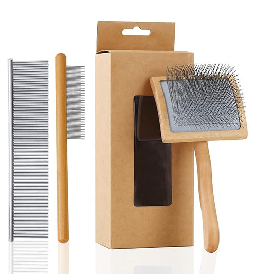 Ergonomic Slicker Brush for Long-Haired Dogs - Wooden Handle, Long Pins for Grooming Goldendoodles-PawvioPets