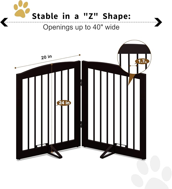 Freestanding Pet Gate for Dogs, Foldable Wooden Dog Gate for House, Indoor Pet Barrier for Stairs, Doorways, Support Feet Included, 24" Height 2 Panels, Brown-PawvioPets