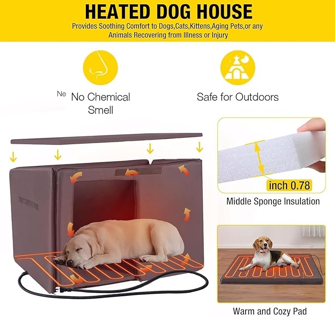 Aivituvin Dog House Outdoor Heated Dog Kennel with Insulated Liner & Heater for Winter Strong Iron Frame Large Dog Cage for Small & Medium Dogs,33.5"-PawvioPets