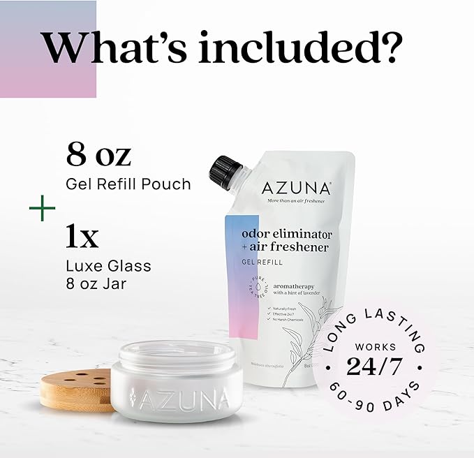 Azuna Air Freshener & Odor Eliminator for Strong Odor | 1 Room Kit Includes (1) Empty Luxe Glass Jar & 8oz Refill with Tea Tree Essential Oil Gel | Aromatherapy | Last 60-90 Days-PawvioPets