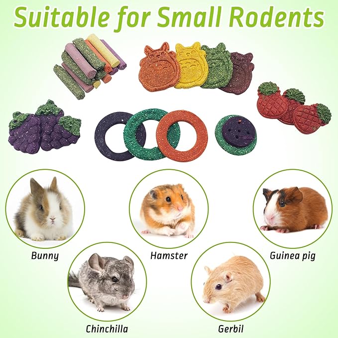 Fhiny 27 PCS Natural Bunny Chew Toys Molar Rabbit Toys Contain Timothy Grass Pumpkin Beets Purple Potatoes Carrot Hamster Treats for Chinchillas Guinea Pigs Mice Gerbils Teeth Grinding-PawvioPets