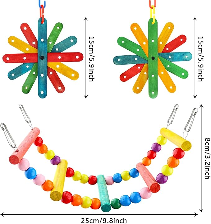 8 pcs Bird Toys for Parakeets with Colorful Ladder Hammock Bird Cage Accessories Bird Perch Stand Chewing Toys Hanging Bell Parrot-PawvioPets