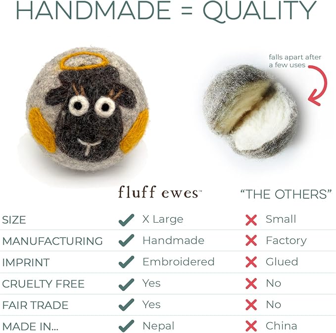 Fluff Ewes Wool Dryer Balls 6 Pack Premium New Zealand Wool Laundry Balls for Dryer, No Static Dryer Balls Laundry Reusable, XL Christmas Dryer Balls, Holiday Dryer Balls - Sheep in Heavenly Peace-PawvioPets