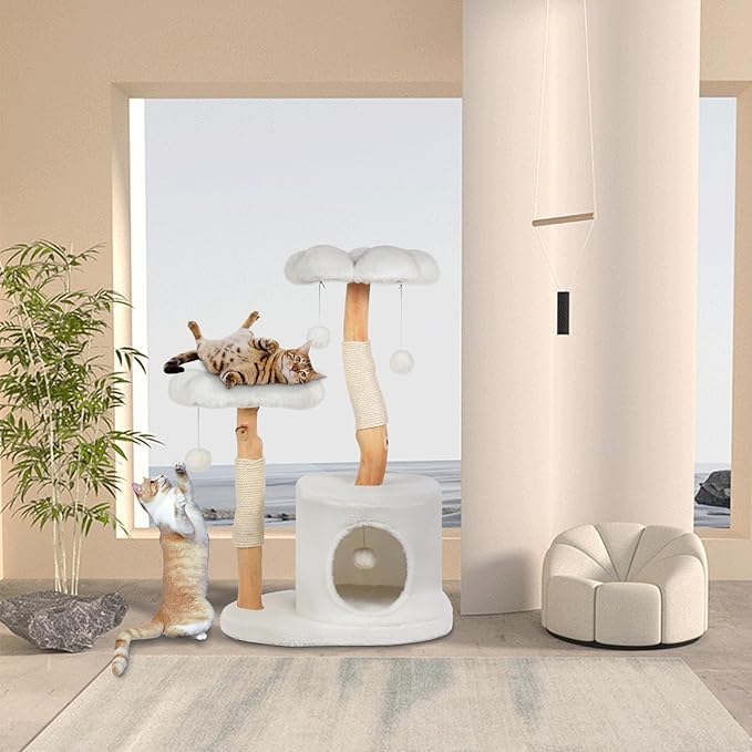 Cute Cat Tree Tower for Indoor Cats Adult, Wood Flower Cat Trees with 6 Pompoms, Modern Cat Tree Tower with Scratching Post, Aesthetic Luxury Cat Condo for Cats Kitten, Alpine White-PawvioPets