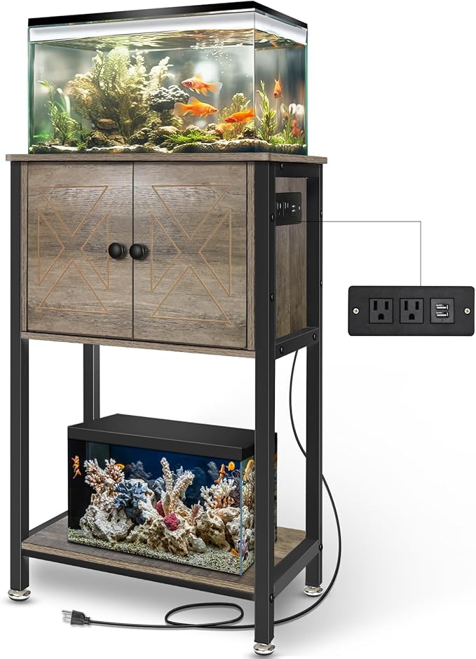5-10 Gallon Fish Tank Stand, Heavy Duty Aquarium Stand with Cabinet & Power Outlets for Fish Tank Accessories Storage, Double Tank Stand 20.5" L* 11" W Tabletop, 220LBS Capacity, Grey-PawvioPets