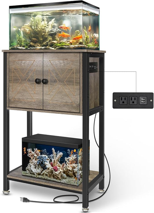 5-10 Gallon Fish Tank Stand, Heavy Duty Aquarium Stand with Cabinet & Power Outlets for Fish Tank Accessories Storage, Double Tank Stand 20.5" L* 11" W Tabletop, 220LBS Capacity, Grey-PawvioPets