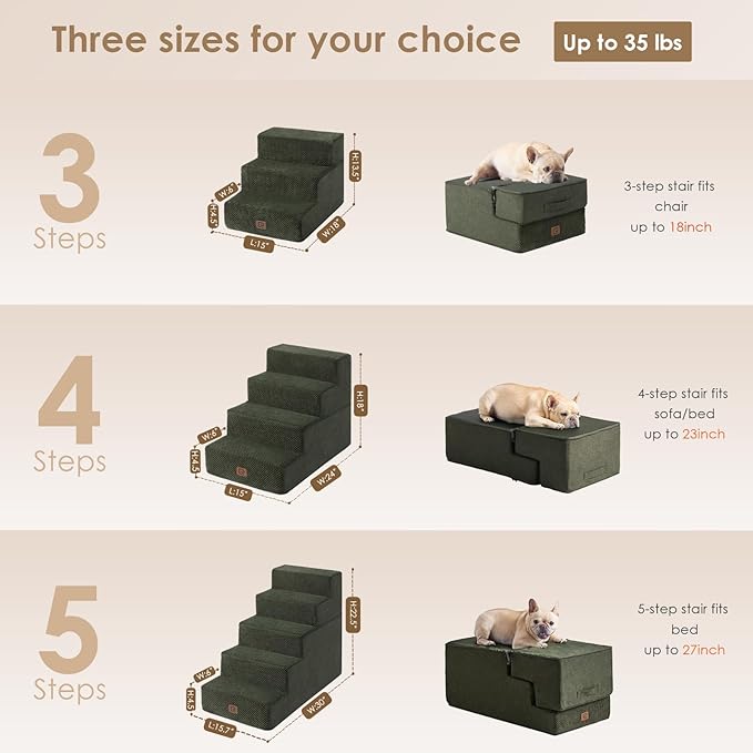 EHEYCIGA Dog Stairs for Bed 18" H, 4-Step Dog Steps for High Bed, Pet Steps for Small Dogs and Cats, Non-Slip Balanced Pet Ramp Indoor, Olive Green-PawvioPets