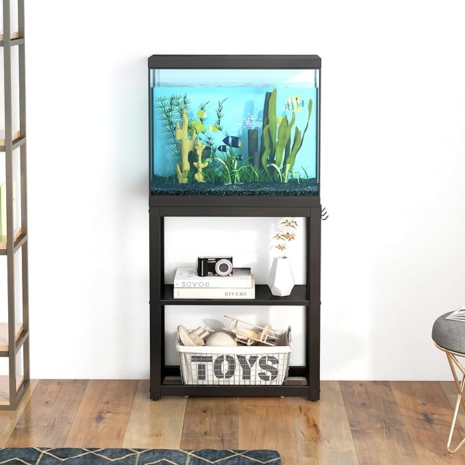 10-20 Gallon Fish Tank Stand with Storage Shelf, Aquarium Stand Measuring 24.8" W x 9.5" D x 30.1" H with Hooks,Heavy Duty Metal Turtle Reptile Tank Stand, Easy Assemble-PawvioPets