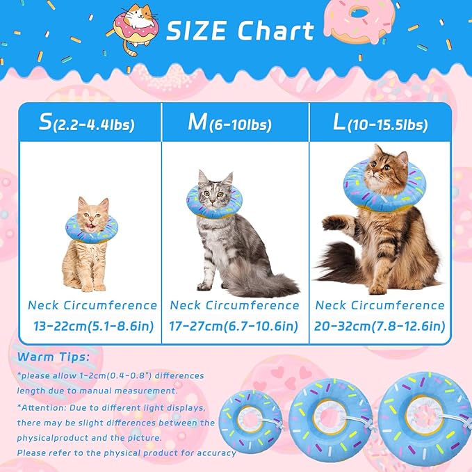 Cat Cone Collar Soft, Adjustable Cat Recovery Collars Kitten Cones to Stop Licking, Cute Donut E Collar After Surgery, Anti-Lick Wound Healing Elizabethan Collar for Kittens(Donut Blue, Medium)-PawvioPets