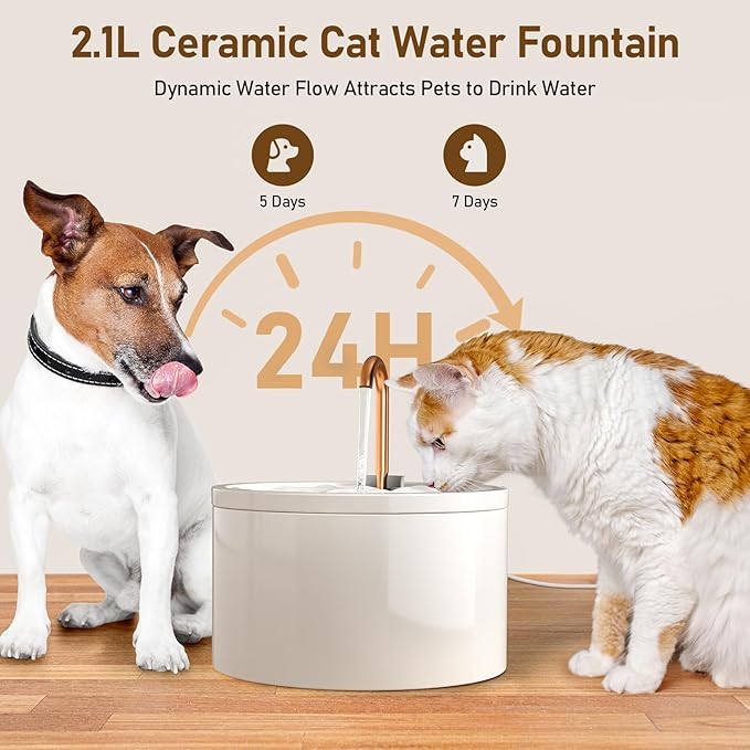 DOOOB Ceramic Cat Water Fountain, 2.1L/71oz Ceramic Cat Fountain, Automatic Ceramic Water Fountain for Cats, Pet Water Fountain with Ultra-Quiet Pump and 3 Filters & 3 Sponges (White)-PawvioPets