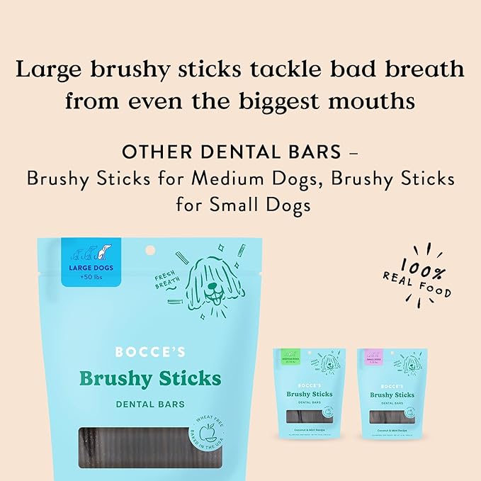 Bocce’s Bakery Dailies Brushy Sticks to Support Oral Health & Fresh Breath, Wheat-Free Dental Bars for Dogs, Made with Real Ingredients, Baked in the USA, All-Natural Coconut & Mint Recipe, Large Dogs-PawvioPets