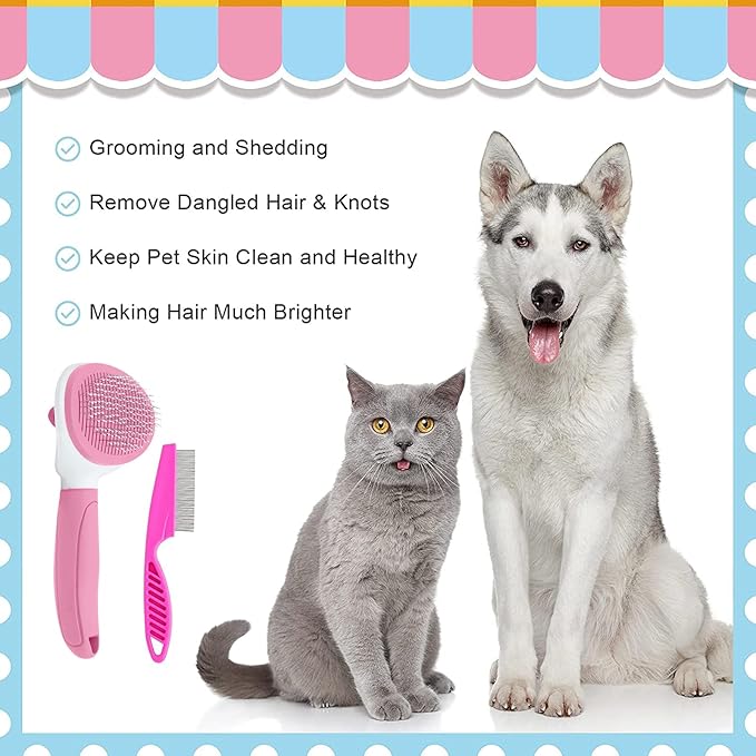 Cat Brushes for Indoor Cats, Dog Brush for Shedding with Metal Cat Comb, Self Cleaning Pet Hair Brush with Release Button for Grooming Kitten(Pink)-PawvioPets