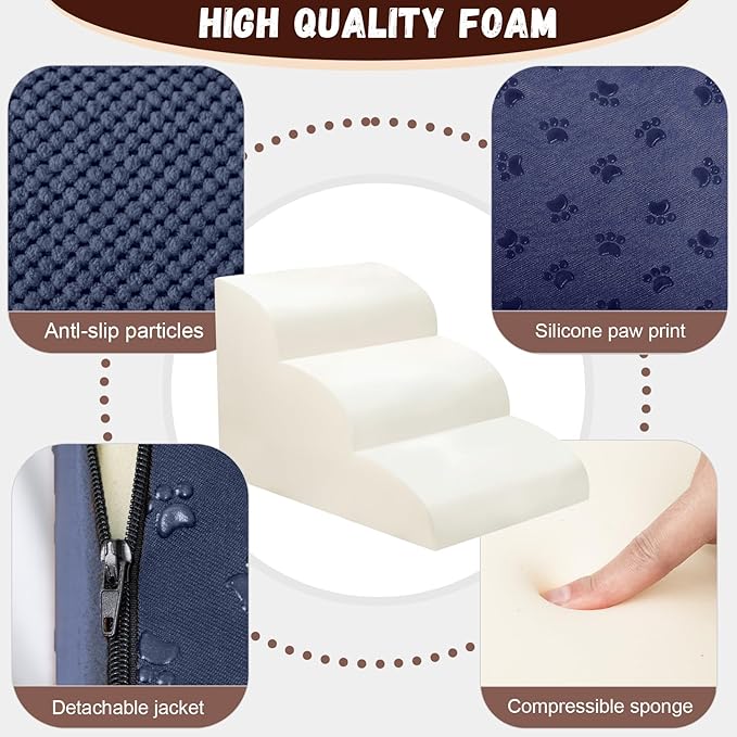 Dog Stairs for Small Dogs - High Density Foam Pet Steps, Extra Wide Dog Ramp with Non-Slip Bottom for High Beds, Couch and Sofa, Best for Dogs Injured, Older Doggy Cats, 3 Steps, Navy-PawvioPets