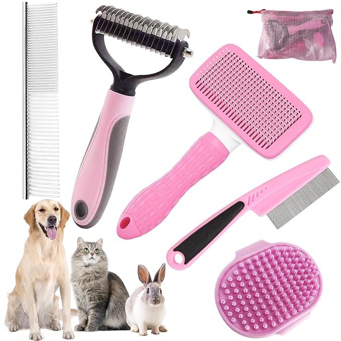 Dog Brush for Shedding,6 PCS in One Pet Slicker Hair Brush Kit Organizer Bag - Dog Cat Grooming Deshedding Undercoat Rake Brush Comb for All Small Large Dogs Cats Pink-PawvioPets