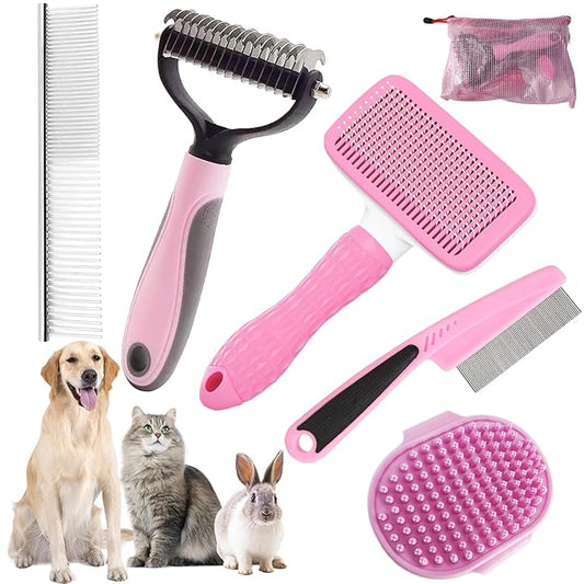 Dog Brush for Shedding,6 PCS in One Pet Slicker Hair Brush Kit Organizer Bag - Dog Cat Grooming Deshedding Undercoat Rake Brush Comb for All Small Large Dogs Cats Pink-PawvioPets