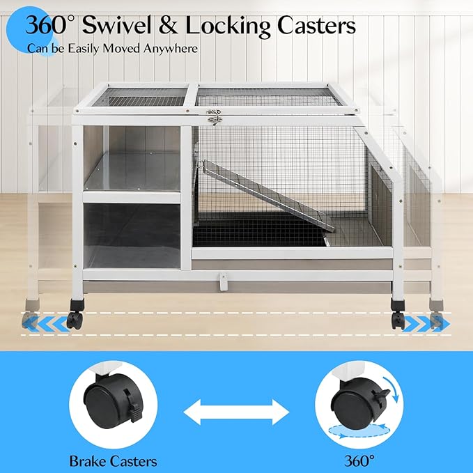 36''L Rabbit Hutch Outdoor with Casters and Run, Wooden Indoor 2 Story Guinea Pig Cage with Divider Panel, Pull Out Tray, Rabbit Duck Bunny House for Small to Medium Animals and Pet Lover, Gray-PawvioPets