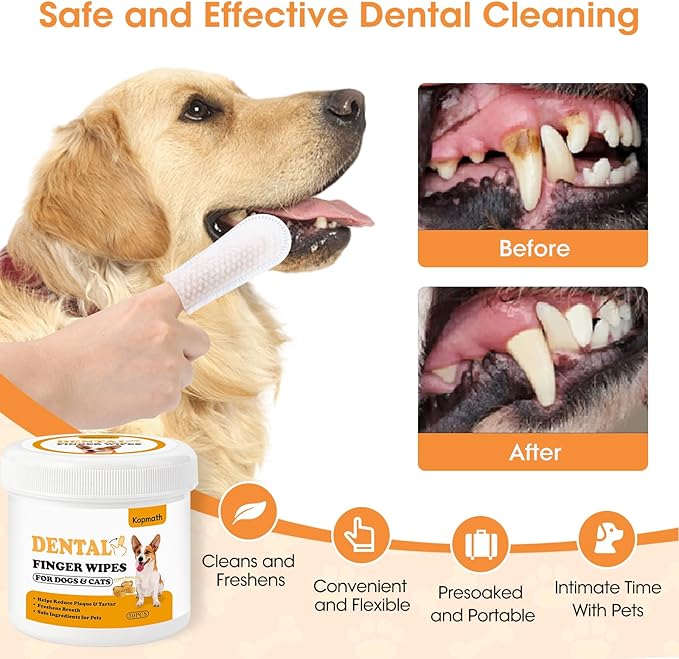 Dental Care Finger Wipes for Dogs & Cats, Reduces Plaque & Tartar Freshens Breath, Pre-Soaked Pet Teeth Wipes, Easy to Use Disposable Oral Cleaning Pads, Peanut Flavor-PawvioPets