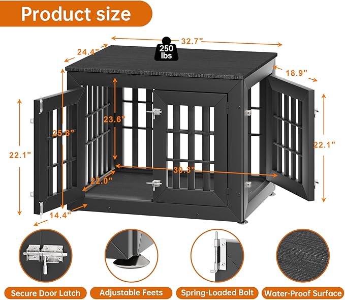 32" Heavy Duty Dog Crate Furniture for Small,Medium and Large Dogs,Rustic Wooden Dog Cage Kennel Indoor Furniture with Waterproof Top,Decorative Pet House Side End Table (Black)-PawvioPets