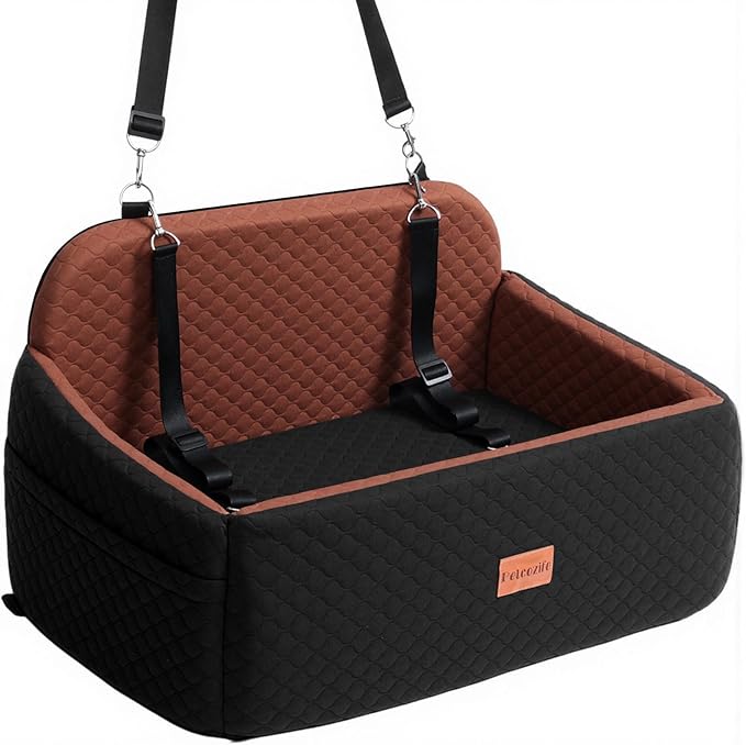 Dog Car Seat for Large Medium Dogs, Pet Car Seat Under 55 lbs or 2 Puppies, Removable Washable Pets Travel Booster Bed for Automotive Backseat with Comfy Thick Cushion, 2 Safety Leashes(Black/Brown)-PawvioPets