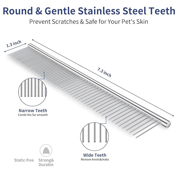 5 in 1 Dog Grooming Kit - Self-Cleaning Slicker Brush for Shedding Short Long Haired Dogs & Cats, Includes Pet Comb, Flea Comb, Bath Brush, Undercoat Rake - Complete Fur Care Set - Blue-PawvioPets