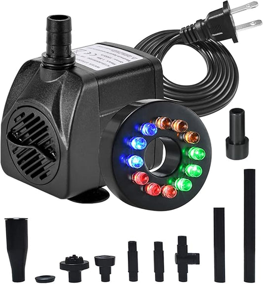 15W 1000L/H Submersible Fountain Water Pump with 12 Colorful LED Lights, Mushroom and Blossom Spray Head for Fountain,Pond,Outdoor Water Feature, Statuary Gardens,Aquarium Fish Tank-PawvioPets