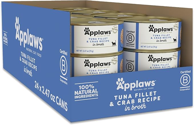 Applaws Natural Wet Cat Food in Broth, Limited Ingredient Canned Wet Cat Food, No Additives, Made with Natural Ingredients, Tuna Fillet & Crab in Broth (24 x 2.47oz Cans)-PawvioPets