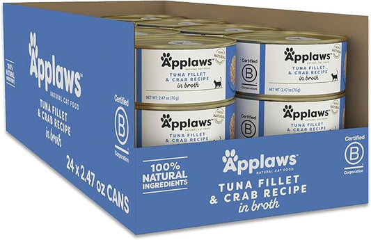 Applaws Natural Wet Cat Food in Broth, Limited Ingredient Canned Wet Cat Food, No Additives, Made with Natural Ingredients, Tuna Fillet & Crab in Broth (24 x 2.47oz Cans)-PawvioPets