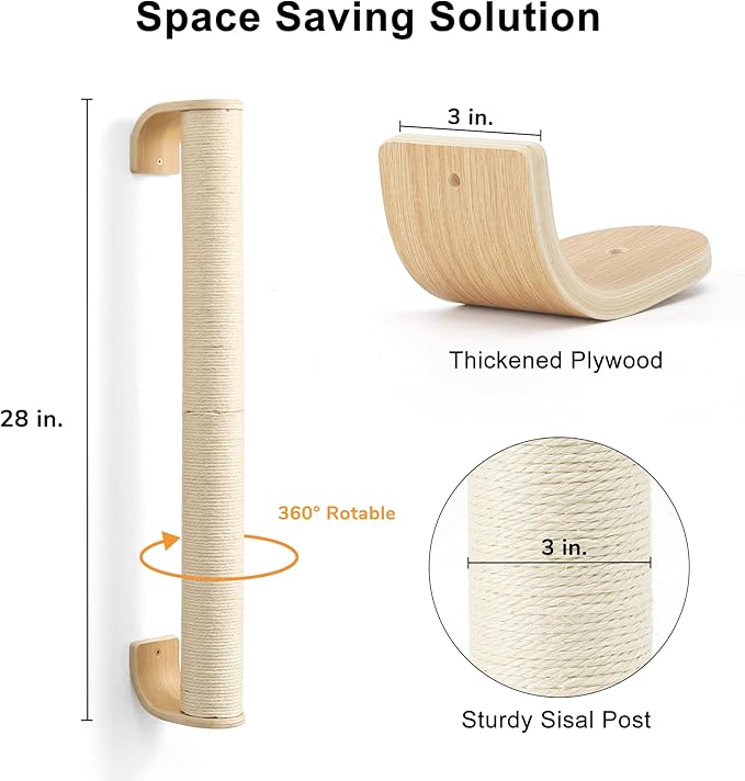 FUKUMARU Cat Wall Scratcher, 28" Wall Mounted Kitten Scratching Post, Sturdy Sisal Climbing Tree for Indoor Cats-PawvioPets