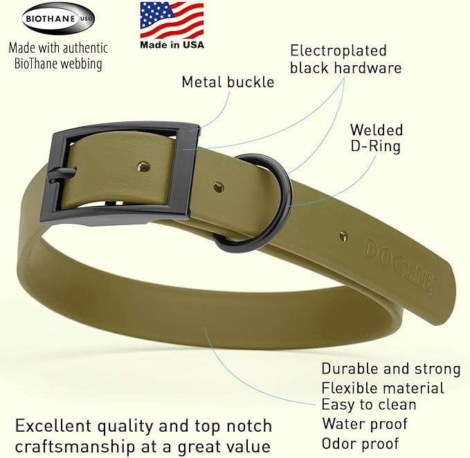 Dogline Biothane Waterproof Dog Collar Strong Coated Nylon Webbing with Black Hardware Odor- Proof for Easy Care Easy to Clean High Performance Fits Small Medium or Large Dogs, Olive Drab Green-PawvioPets