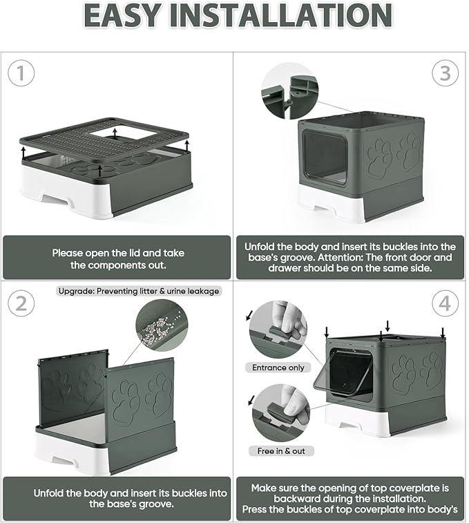 Cat Litter Box with X-Large Litter Mat and Scoop, Large Foldable Litter Box with Lid, Enclosed Kitty Box,Front Top Entry Exit, Odor Control Easy to Clean (Upgrade Olive Green)-PawvioPets
