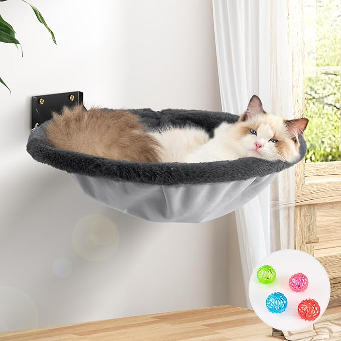Cat Hammock Wall Mounted, Foldable & Stable Cat Beds- Breathable Cats Wall Shelves for Sleeping, Playing, Climbing, and Lounging - Maximum Hold Up to 30lb（Gray,Faux Rabbit Fur）-PawvioPets
