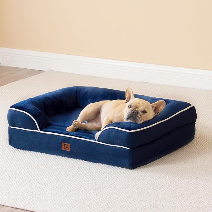 EHEYCIGA Orthopedic Dog Beds for Large Dogs, Waterproof Memory Foam Large Dog Bed with Sides, Non-Slip Bottom and Egg-Crate Foam Pet Couch Bed with Washable Removable Cover, Navy-PawvioPets