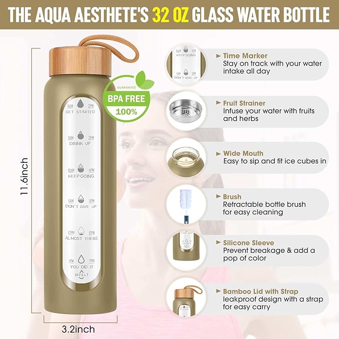 Aqulea Glass Water Bottles with Silicone Sleeve - BPA Free Reusable Wide Mouth Glass Motivational Water Bottles with Fruit Infuser – Leak Proof Borosilicate Water Bottle with Time Marker-PawvioPets