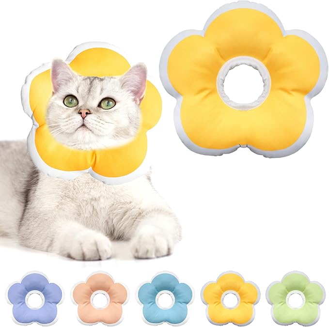 Cat Cone Collar Soft, Waterproof Cats Cones to Stop Licking After Surgery, Adjustable Soft Elizabeth Cats Collars for Wound Healing, Flower Shape Cat Recovery Collar (Yellow, Medium)-PawvioPets