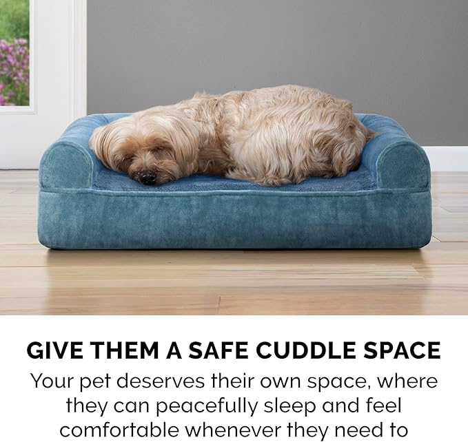 Furhaven Cooling Gel Dog Bed for Medium/Small Dogs w/ Removable Bolsters & Washable Cover, For Dogs Up to 35 lbs - Faux Fur & Velvet Sofa - Harbor Blue, Medium-PawvioPets