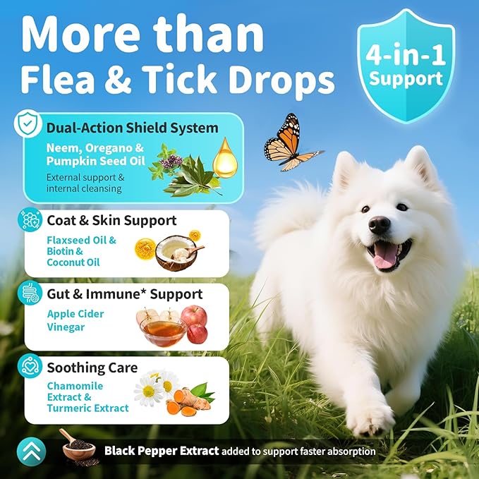 Dog Flea and Tick Support, Natural Herbal Flea & Tick Comfort for Dogs, Flea Liquid Drops Supplement for Dogs with Neem, Oregano, Pumpkin Seed Oil - Beef Flavor, 2 FL.Oz - All Breeds & Sizes-PawvioPets