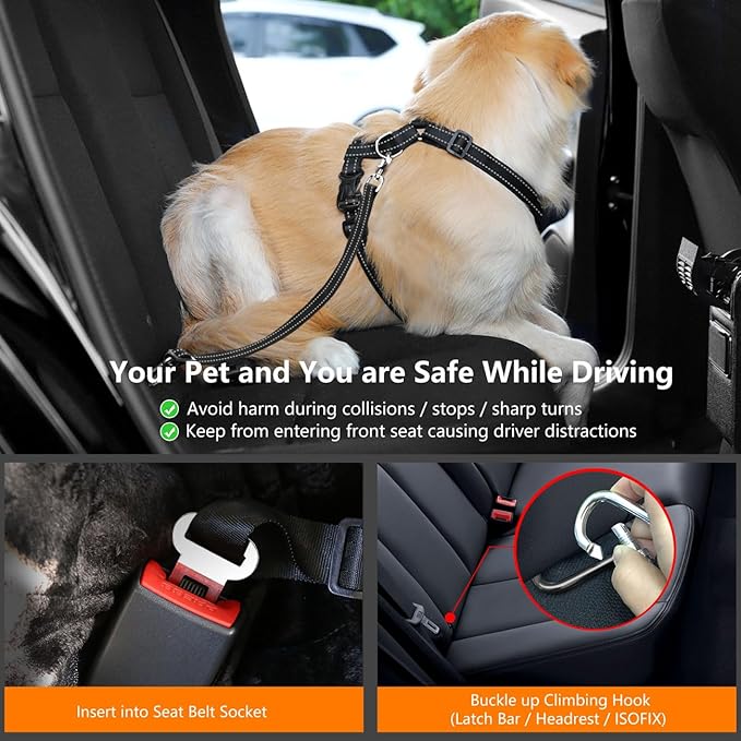 Dog Seat Belt Harness for Car, Dog Car Harness Adjustable Mesh Breathable & Dogs Seatbelt Safety Tether with Elastic Bungee for Small Medium Large Pets(Carbon Black, L)-PawvioPets