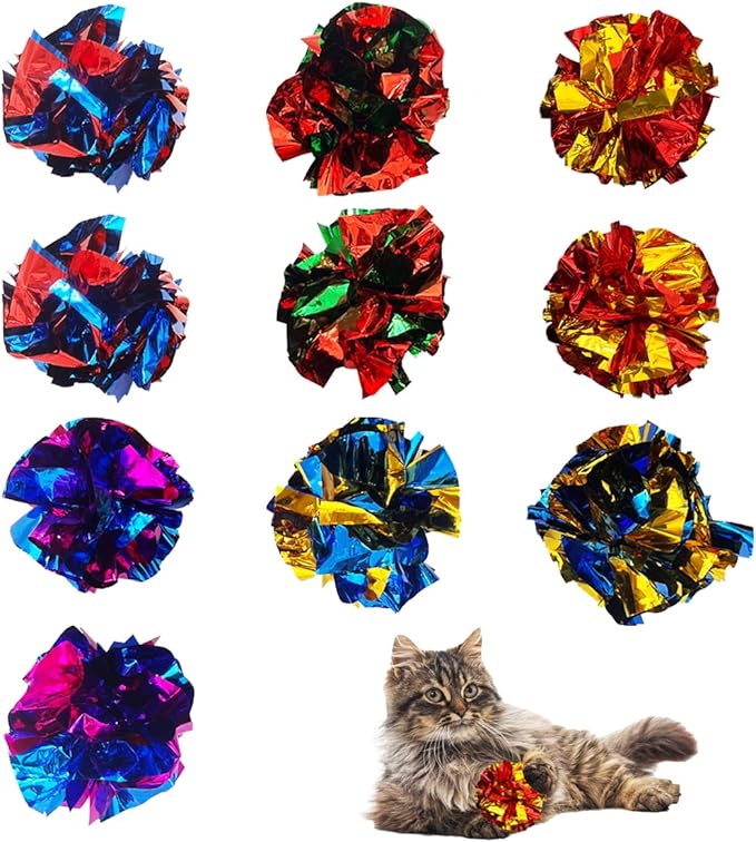 Cat Crinkle Ball Toys 10 Packs for Indoor Cats to Kill Time and Keep Fit, 2.3 Inch Colorful Mylar Crinkle Balls Attract Cats to Swat, Bite, Hunt, Interactive Toys for Cats and Kittens-PawvioPets
