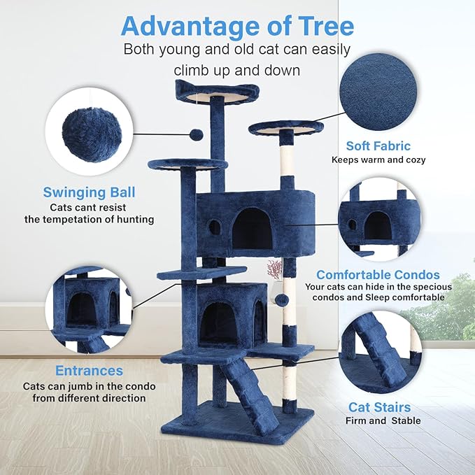 FDW Cat Tree 54in Cat Tower Multi-Level Durable Cat Scratching Post & Cozy Fun Cat Jumping Platform Space Saving Cat Condo Pet Play House for Indoor Cats,Navy Blue-PawvioPets