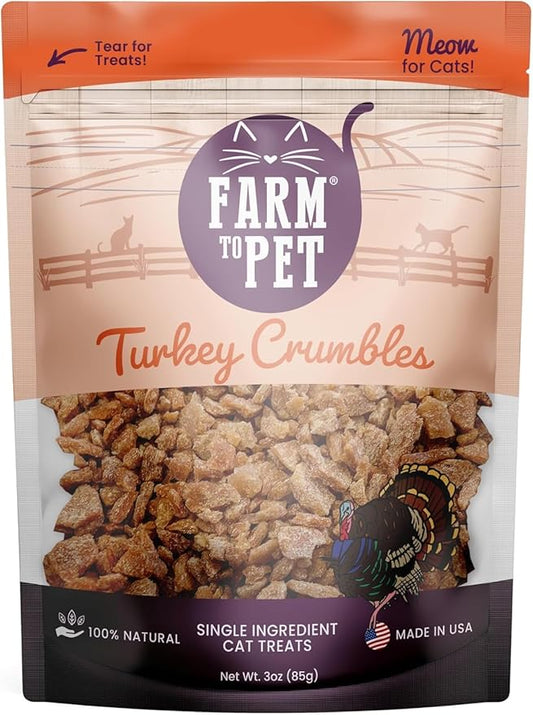 Farm To Pet - Cat Treat Crumbles - 3 oz Single Ingredient Turkey Cat Treats or Snacks - Healthy for Indoor Cats and Kitten- Essential Products (Mix with Wet or Dry Food)-PawvioPets
