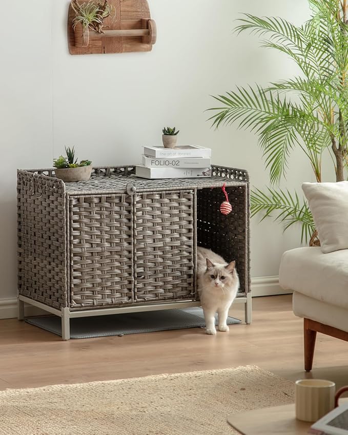 Cat Litter Box Enclosure Furniture with Divider, Handwoven Rattan Litter Box with Mat, 31.2 x 19.6 x 24.2 Inches, Metal Heightened Feet, Hidden Cat House for Living Room, Bedroom (Gray)-PawvioPets