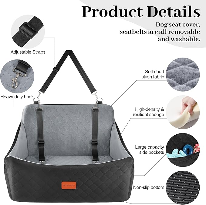 Dog Car Seat for Medium & Large Dogs Up to 55lbs, Memory Foam Cushion, Washable Cover, Safety Straps & Non-Slip Base(Black/Grey,Large)-PawvioPets