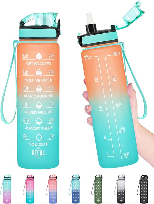 Enerbone Water Bottle, Leakproof BPA & Toxic Free, Motivational Water Bottle with Times to Drink and Straw, Fitness Sports Water Bottle with Strap for Office, Gym, Outdoor Sports-PawvioPets