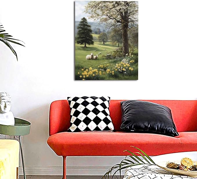 Country Sheep Canvas Wall Decor Farmhouse Rustic Lamb Wildflower Wall Art Nature Countryside Landscape Pictures Painting Print Framed Artwork Decorations for Bathroom Living Room Bedroom 16"x20"-PawvioPets