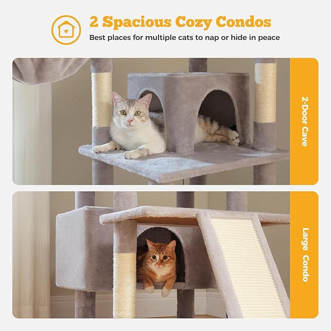 81" Heavy Duty Cat Tree for Large Cats up to 20lbs - Extra Tall Cat Tower with Metal Frame Hammock, 6 Sisal Scratching Posts, 2 Perches - Indoor Cat Furniture for Maine Coon, Big Cats, Gray-PawvioPets